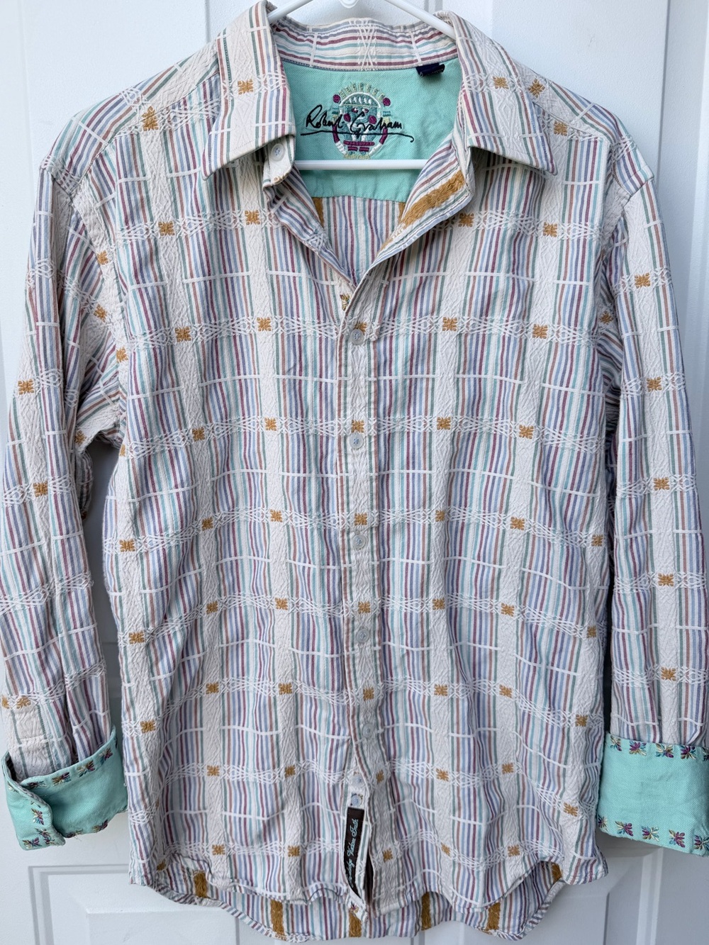 Robert Graham Women’s L Embroidered Striped Button Down Shirt Floral Aqua